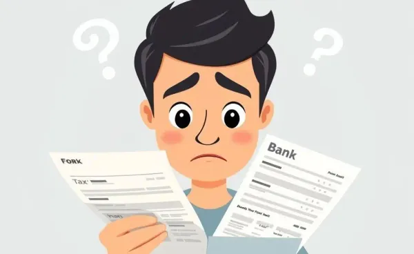 Person puzzled over bank statement and tax forms.