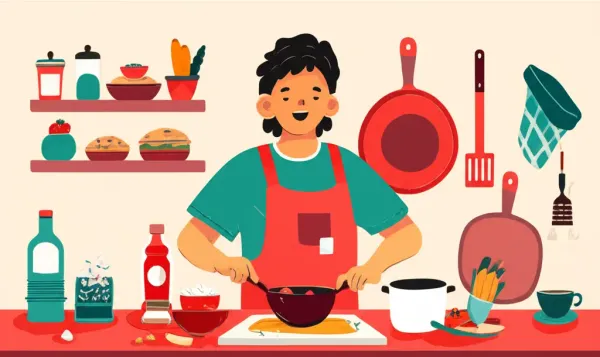 Person cooking joyfully in a kitchen with various ingredients