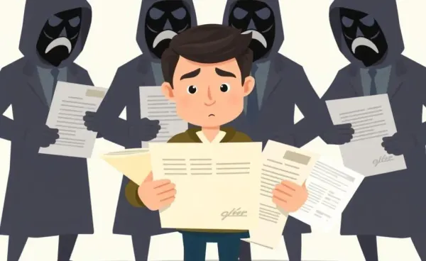 Person protecting personal documents from shadowy figures