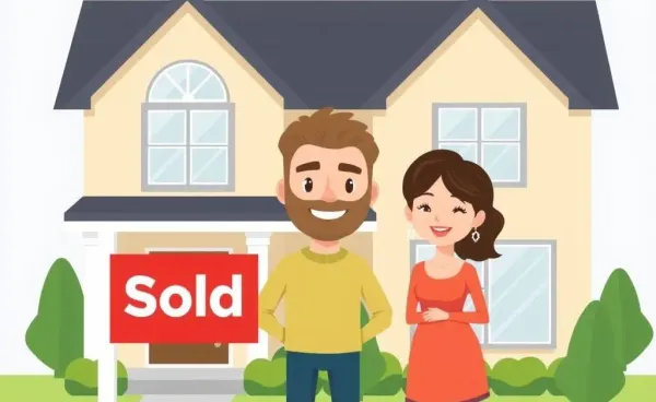 Illustration of a couple in front of their new home with a 'Sold' sign