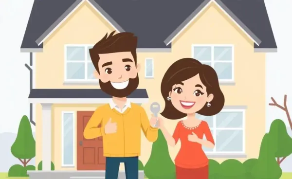 A cartoon of a couple holding keys in front of their new house