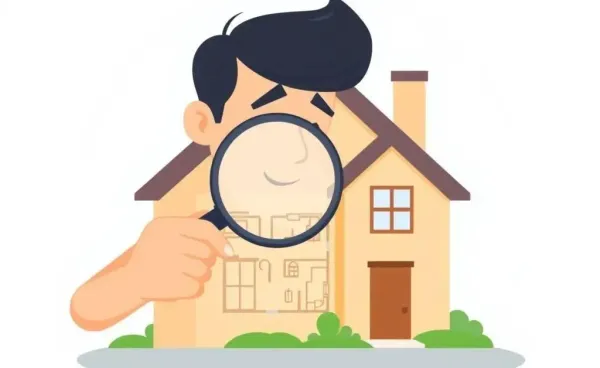 Person examining a house layout with a magnifying glass, representing real estate investment