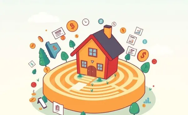 Illustration of a Canadian home in a maze surrounded by mortgage documents