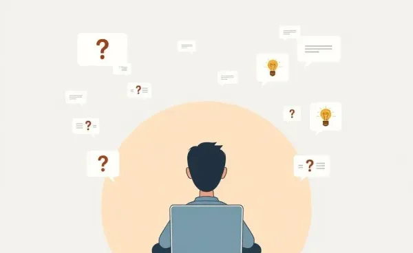 Person using a laptop overwhelmed with online forum advice pop-ups