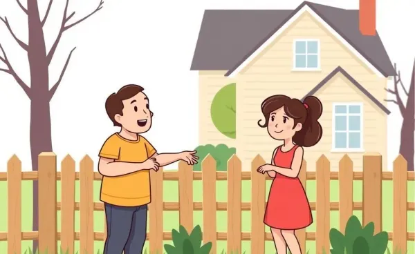 Illustration of two neighbors talking amiably over a backyard fence