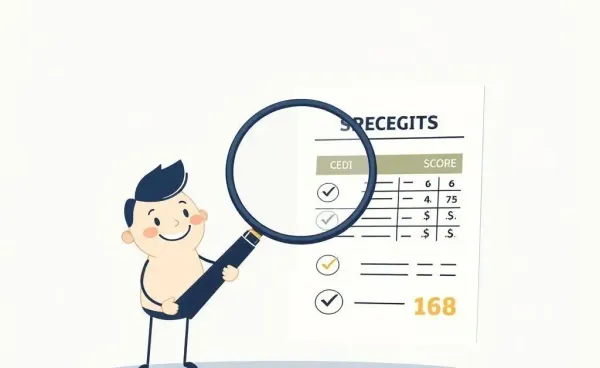 Examining a credit score report with a magnifying glass