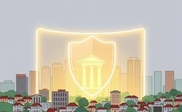 A protective shield over a cityscape filled with banks and homes