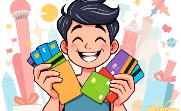 A person excitedly holding credit cards with symbols of travel and rewards around them