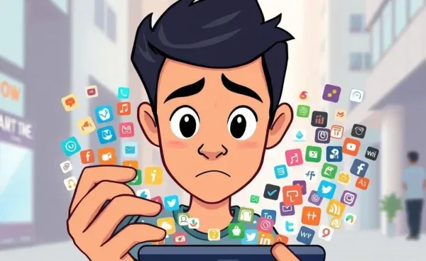 Cartoon of a person looking at a smartphone with app icons