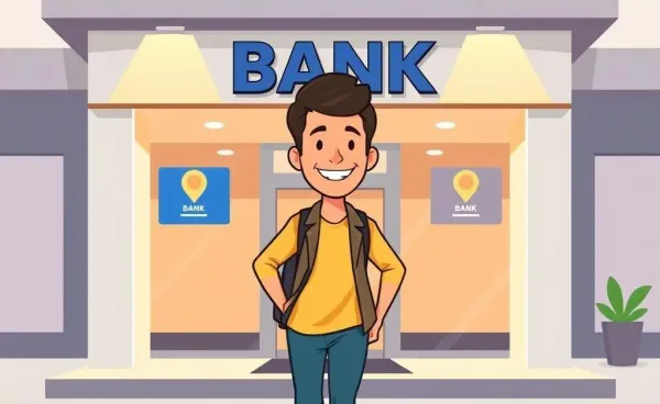Person confidently entering a bank with a smile