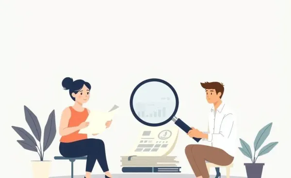 People studying financial documents with a magnifying glass