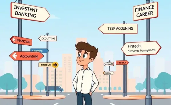 Person at crossroads with finance career path signs