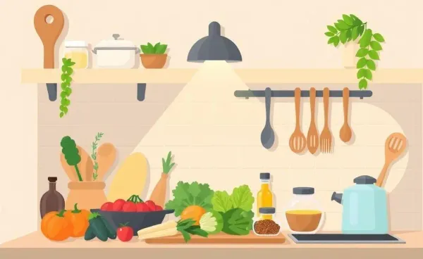 A cartoon-style kitchen with ingredients and utensils