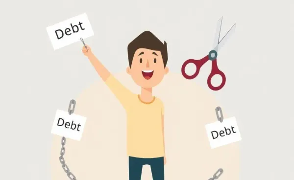 A cartoon representation of a person freeing themselves from debt chains.