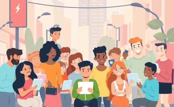 Cartoon representation of community members adapting to technological changes