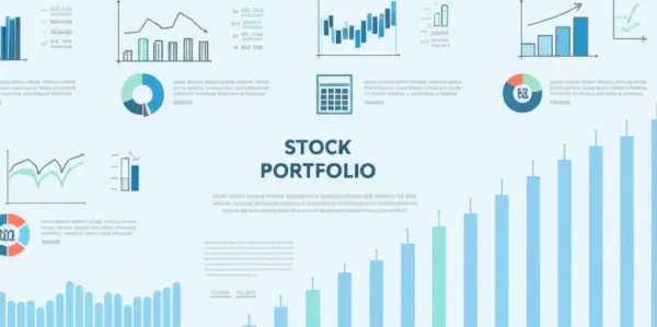 Illustration of a balanced stock portfolio with graphs and stock symbols