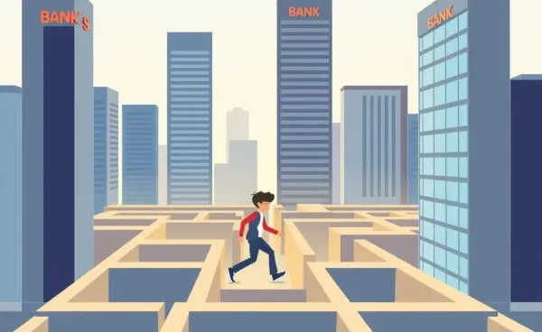 Person navigating a maze of bank buildings