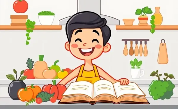 Person cooking happily in a kitchen with fresh ingredients