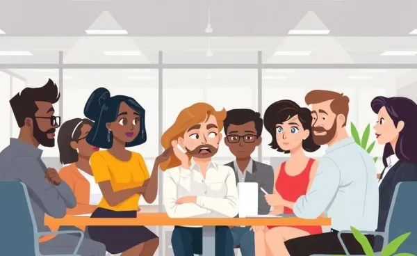 Team discussion in an office with a frustrated individual