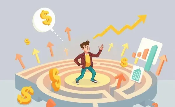 Person navigating a finance-themed maze