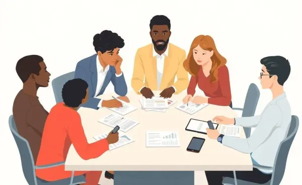 People discussing insurance options with documents and charts