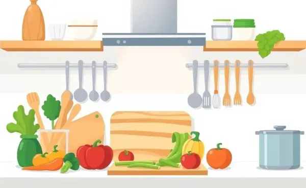 A cozy kitchen with fresh ingredients laid out for cooking