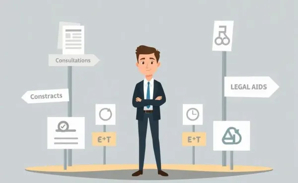 Illustration of a businessperson at a crossroads with legal documents