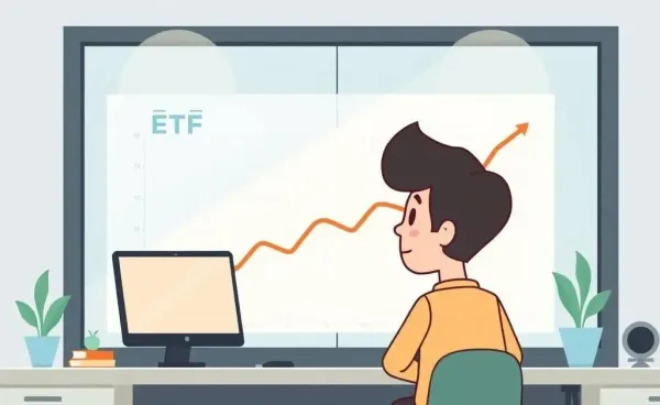 Cartoon of person analyzing ETF investment graph