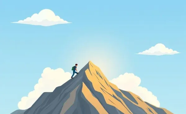 Person climbing a mountain under a clear sky, symbolizing overcoming challenges