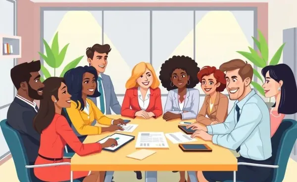 Cartoon illustration of insurance professionals in discussion