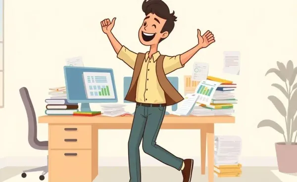 Person walking away from budgeting spreadsheets with a smile