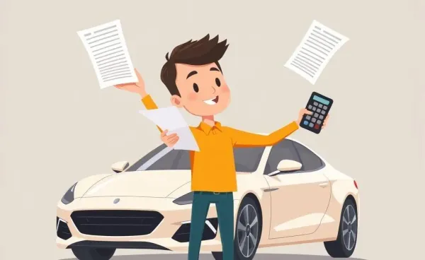Person juggling car insurance papers with a car