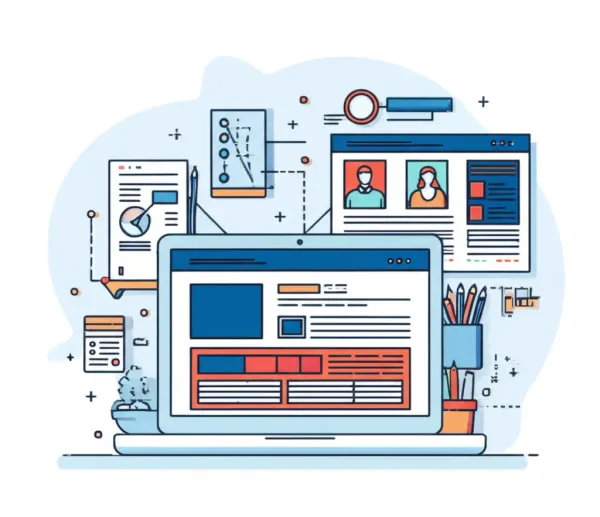 Laptop displaying an online portfolio with creative tools on a desk
