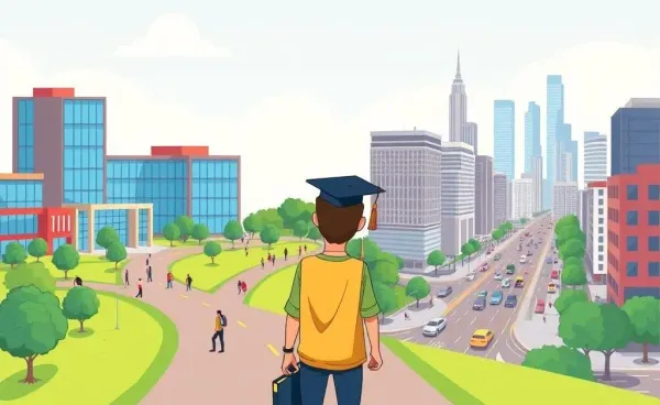 College graduate at a crossroads between campus and city