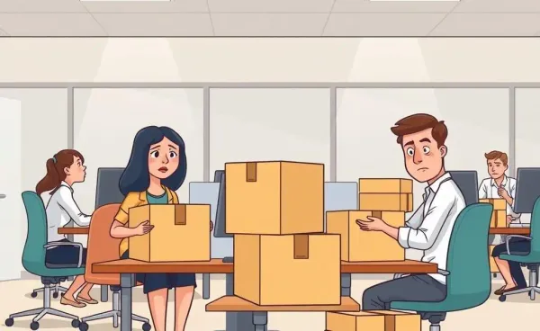 Illustration of an office environment with employees packing their belongings