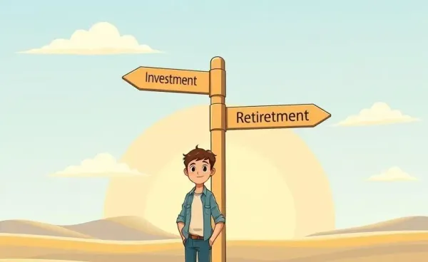 A person at a crossroads with investment signs
