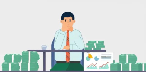 Person thinking about investments with money and charts