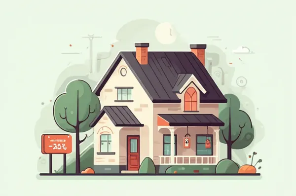 Cartoon-style illustration of a cozy house with mortgage rate signs outside.