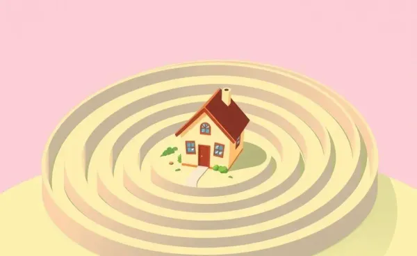 Cartoon maze with a house at the center depicting mortgage navigation
