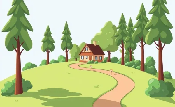 A winding path to a cozy home surrounded by milestones.