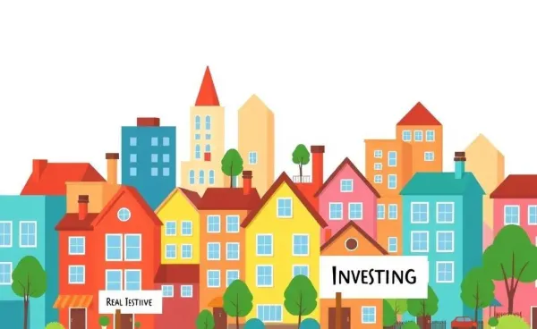 Cartoon cityscape with a real estate investing theme