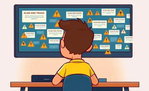 Person looking worriedly at financial scam alerts on a computer