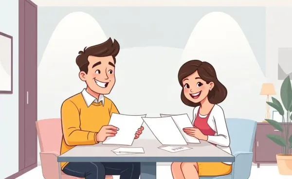 Couple reviewing mortgage documents with a banker in a cartoon style