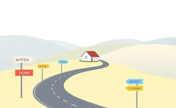 Cartoon depiction of the journey to home ownership with road signs.