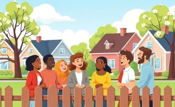 Neighbors chatting over a fence