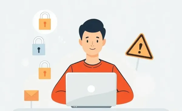 Person navigating the internet with safety and risk elements