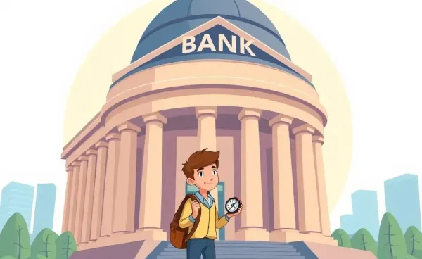 Cartoon-style illustration of a person navigating a large bank with a compass