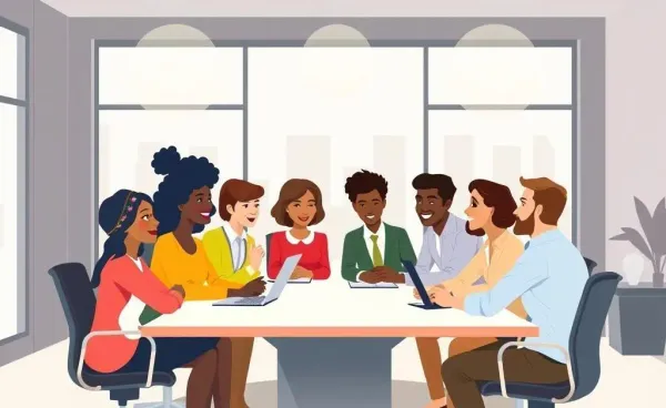 Illustration of diverse office employees in a harmonious work environment