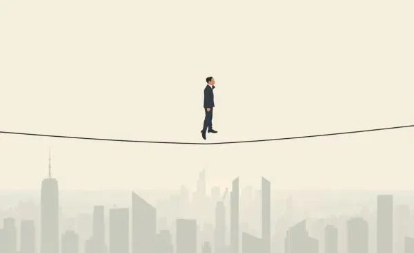 An illustration of a person balancing on a tightrope over a cityscape.
