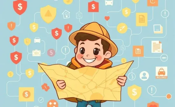 Cartoon character navigating a maze of insurance symbols with a map